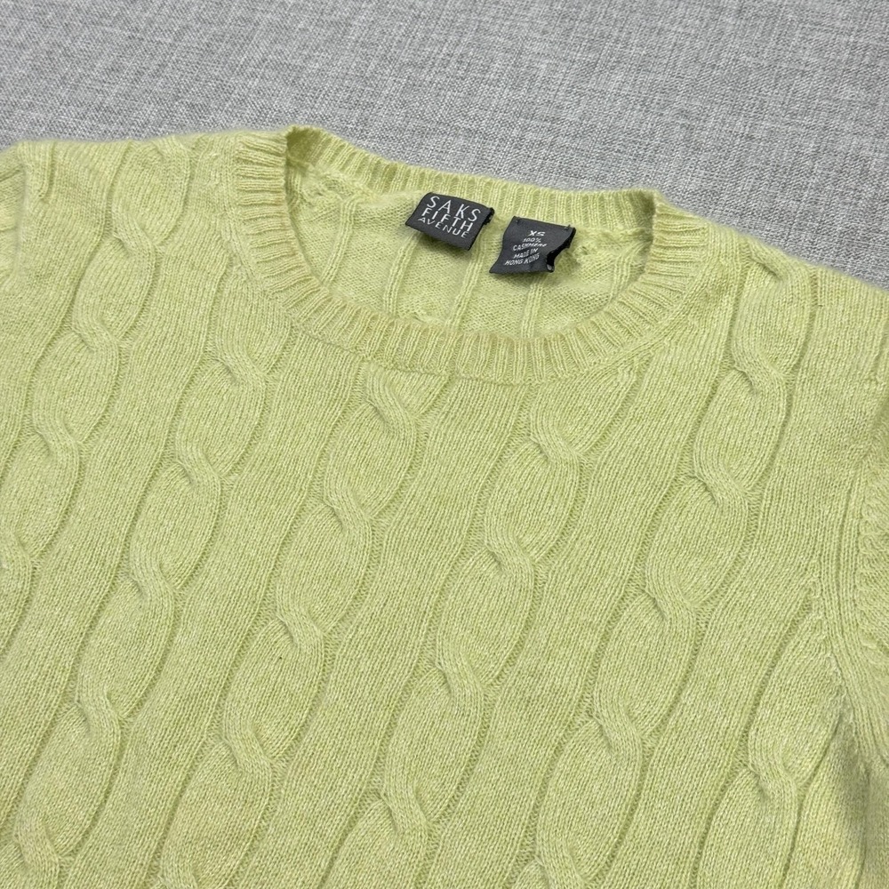 Saks Fifth Avenue Sweater Pullover Womens XS Green‎ Cashmere Cable-Knit